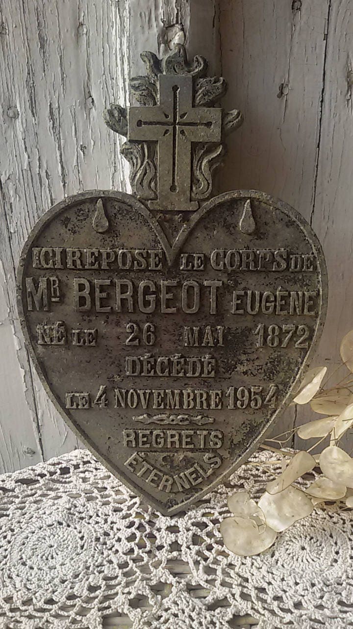 Plaque Funéraire Ancienne Coeur de Marie/Antique Cemetery Plate/Memento Mori