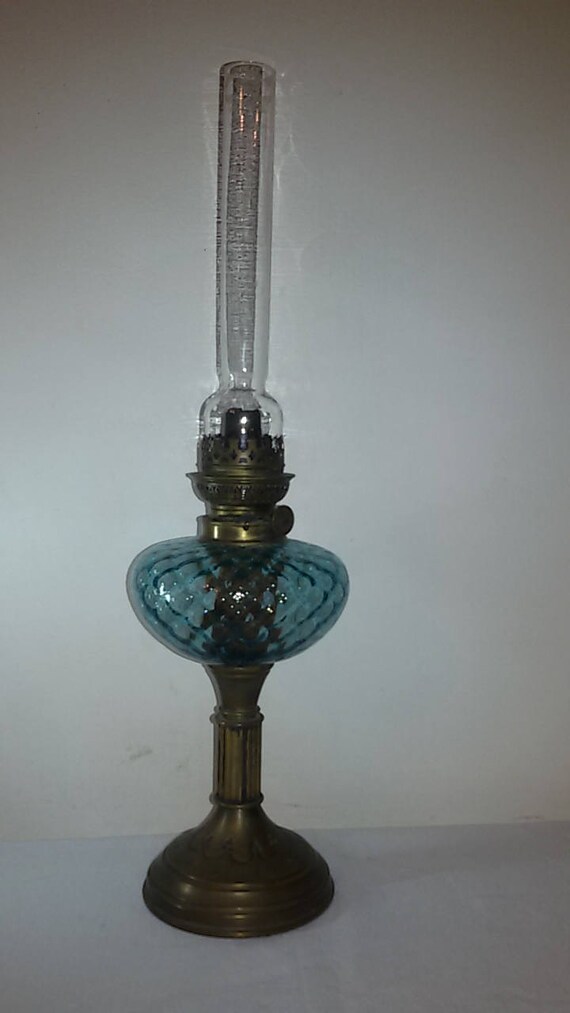 French Antique Lamp Oil Blue Glass And Brass Foot Image 0