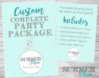 Custom Complete Party Package {Invitation, Banner, Cupcake Toppers, Food Labels, Thank You/Favor Tags, Labels}