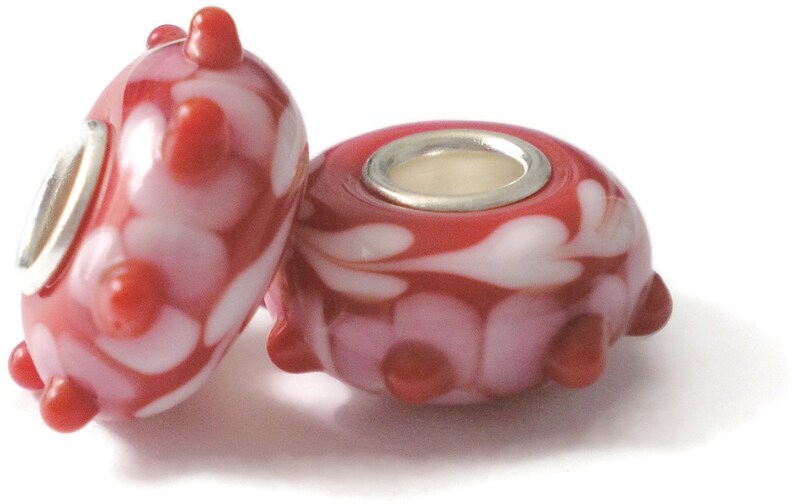 2 beads - one pair Sweet Hearts and Flowers ~ MURANO Lampwork Charm Beads