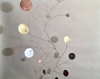 Brushed 4 Metals Mobile Modern Art Home Decor Sculpture Hanging Kinetic Circle Shapes Silhouette ML Copper, Brass, Aluminum petals