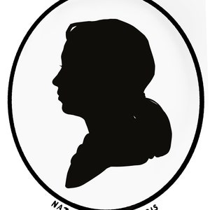 May include: Black and white silhouette of a person's head and shoulders in a circle with the text "Natasha Ann Harris" below.