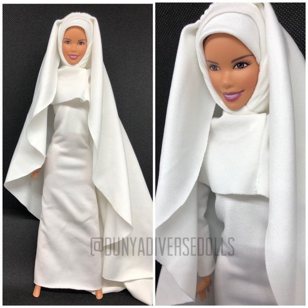 White Hijab Abaya Ihram Burqa niqab Hajj doll outfit--comes with prayer rug