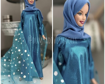 Handmade 11-12” Blue Shiney Muslim Modest Elsa-like Hijab Hijarbie Islamic doll gown outfit only.