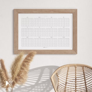 Planificateur de calendrier imprimable annuel vierge, grand calendrier mural minimaliste, vue de 12 mois vierges, calendrier effaçable à sec image 1