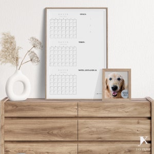 Blank Quarterly Printable Calendar Planner, Minimalist Large Wall Calendar, 3 Blank Month View with Vision, Goals and Notes, Lists & Ideas