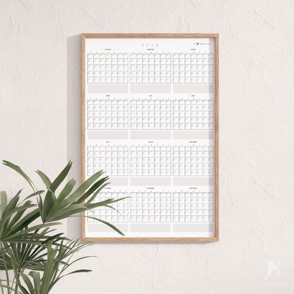 Blank Yearly Printable Vertical Calendar Planner, Minimalist Large Wall Calendar, 12 Blank Month View, Dry Erase Calendar