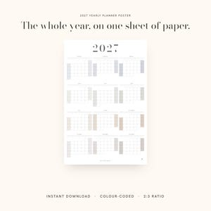 May include: A 2027 yearly planner poster featuring the text "2027 YEARLY PLANNER POSTER" and "The whole year, on one sheet of paper." The calendar displays twelve months in a grid layout with subtle color-coded blocks for each month on a white background.
