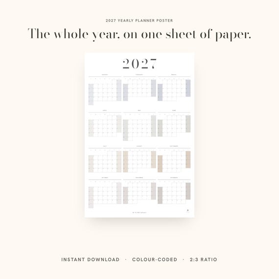 2027 Wall Calendar Printable | Color Yearly Planner Digital Download | Quarter Color Block Calendar | Minimalist Command Center