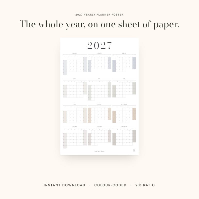 May include: A 2027 yearly planner poster featuring the text "2027 YEARLY PLANNER POSTER" and "The whole year, on one sheet of paper." The calendar displays twelve months in a grid layout with subtle color-coded blocks for each month on a white background.