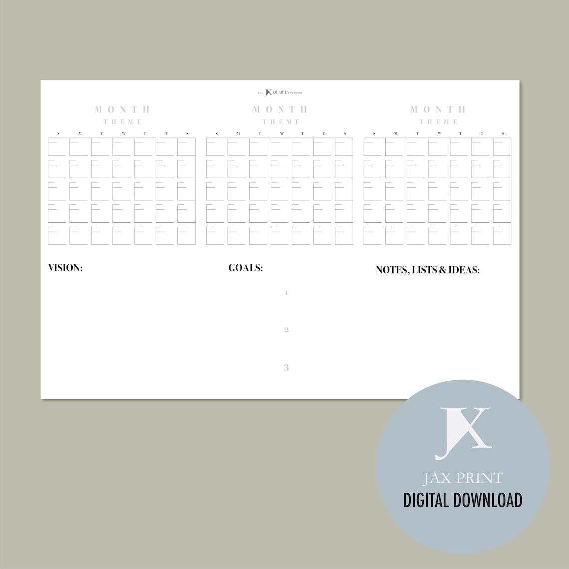 Blank Quarterly Printable Calendar Planner, Minimalist Large Wall ...