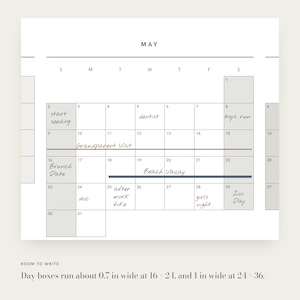 May include: A monthly wall calendar page for May with a grid layout. The calendar features handwritten notes in the day boxes such as start seeding, dentist, boys run, Grandparent Visit, Brunch Date, Beach Vacay, doc, after work hike, girls night, and Zoo Day.
