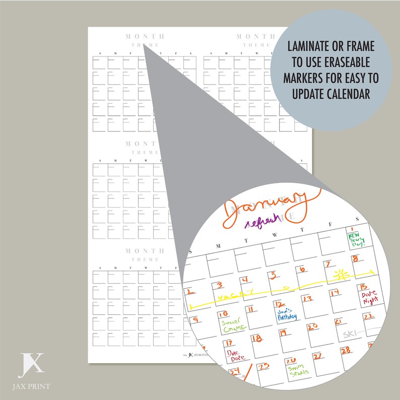 Blank Six Month Printable Vertical Calendar Planner, Minimalist Large ...