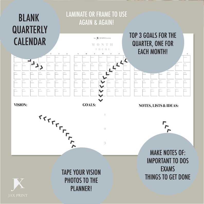Blank Quarterly Printable Calendar Planner, Minimalist Large Wall Calendar, 3 Blank Month View ...