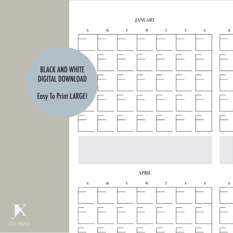 Blank Yearly Printable Vertical Calendar Planner, Minimalist Large Wall ...