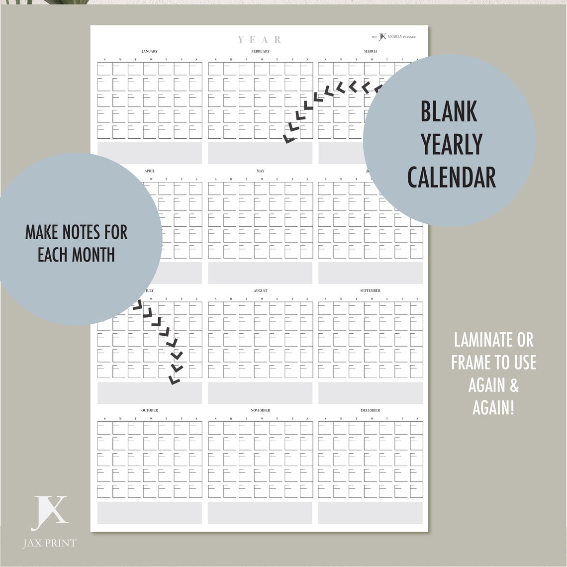 Blank Yearly Printable Vertical Calendar Planner, Minimalist Large Wall ...