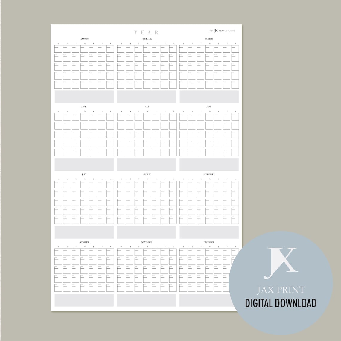 Blank Yearly Printable Vertical Calendar Planner Minimalist Etsy