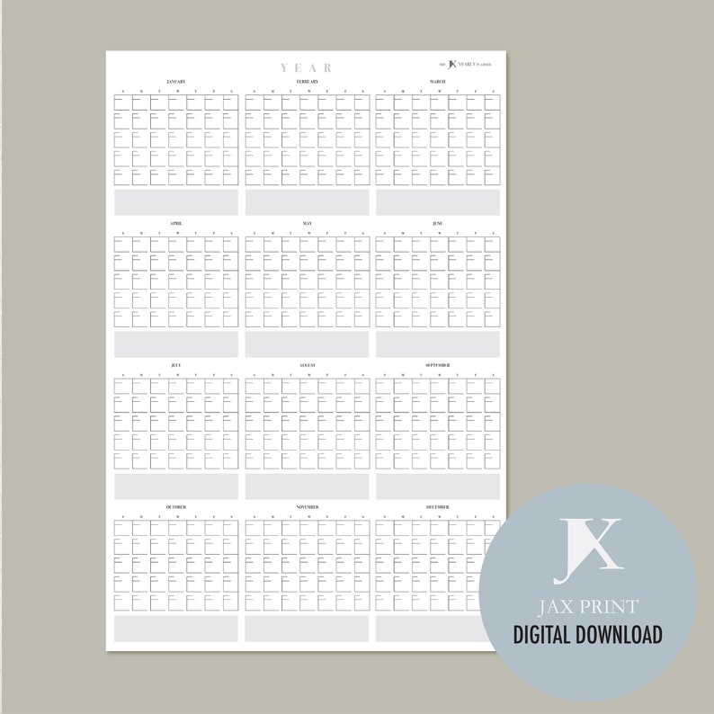 Blank Yearly Printable Vertical Calendar Planner, Minimalist Large Wall ...