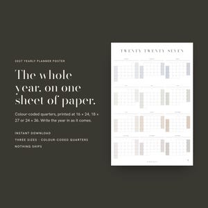 May include: A 2027 yearly planner poster featuring a calendar with twelve months organized in a grid. The text reads TWENTY TWENTY SEVEN. The design includes color-coded quarters and is available in 16 x 24, 18 x 27, or 24 x 36 inch sizes.