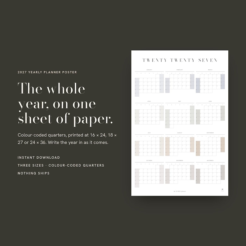 May include: A 2027 yearly planner poster featuring a calendar with twelve months organized in a grid. The text reads TWENTY TWENTY SEVEN. The design includes color-coded quarters and is available in 16 x 24, 18 x 27, or 24 x 36 inch sizes.