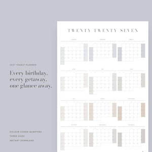 May include: A 2027 yearly wall planner calendar featuring a clean white layout with black text. The design displays all twelve months organized in a grid, with each quarter color-coded in soft pastel shades. The text reads TWENTY TWENTY SEVEN.