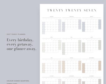May include: A 2027 yearly wall planner calendar featuring a clean white layout with black text. The design displays all twelve months organized in a grid, with each quarter color-coded in soft pastel shades. The text reads TWENTY TWENTY SEVEN.