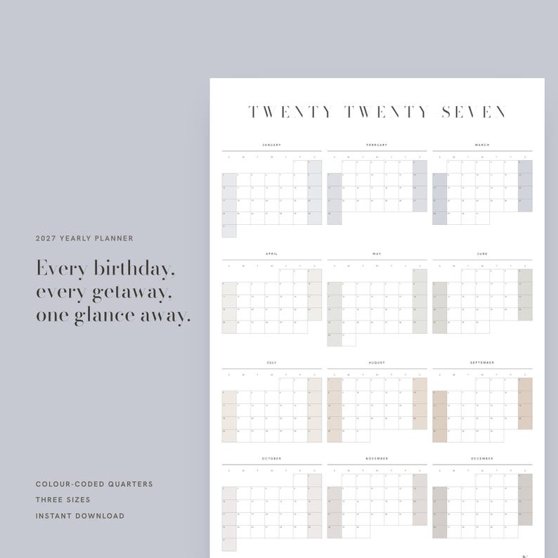 May include: A 2027 yearly wall planner calendar featuring a clean white layout with black text. The design displays all twelve months organized in a grid, with each quarter color-coded in soft pastel shades. The text reads TWENTY TWENTY SEVEN.