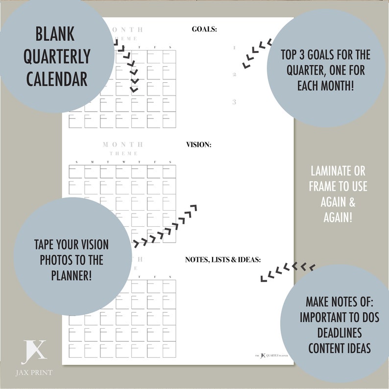 Blank Quarterly Printable Calendar Planner Minimalist Large Etsy
