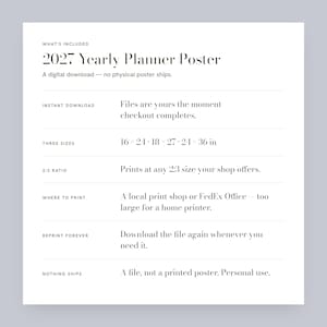 May include: A digital download 2027 Yearly Planner Poster with text detailing what is included: instant download, three sizes of 16x24, 18x27, and 24x36 inches, 2:3 ratio, printing instructions for local shops, lifetime reprints, and personal use.
