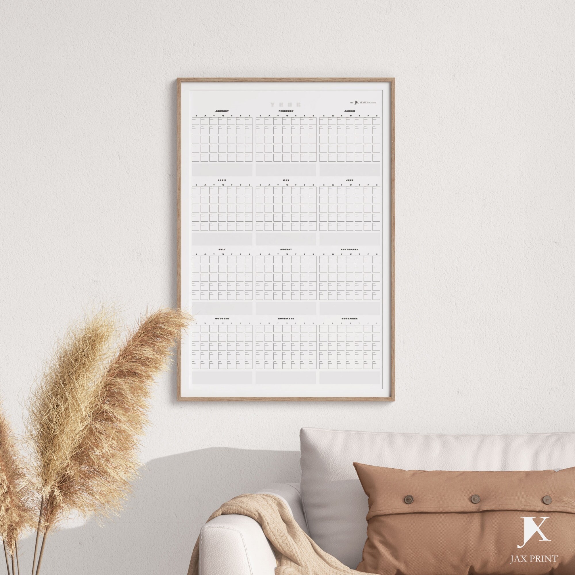 Retro Woodblock Blank Yearly Printable Vertical Calendar Planner, Minimalist Large Wall Calendar ...