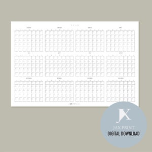 Planificateur de calendrier imprimable annuel vierge, grand calendrier mural minimaliste, vue de 12 mois vierges, calendrier effaçable à sec image 2