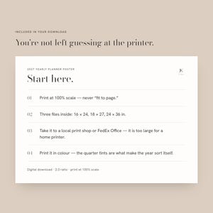 May include: A white informational poster with black text titled 2027 YEARLY PLANNER POSTER. It provides four numbered printing instructions, including file sizes of 16 x 24, 18 x 27, and 24 x 36 inches, and specifies a 2:3 ratio for this digital download.