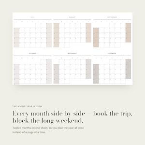 May include: A wall calendar sheet displaying the months of July through December in a grid format. The text reads: THE WHOLE YEAR IN VIEW. Every month side by side &mdash; book the trip. block the long weekend. Twelve months on one sheet, so you plan the year at once instead of a page at a time.