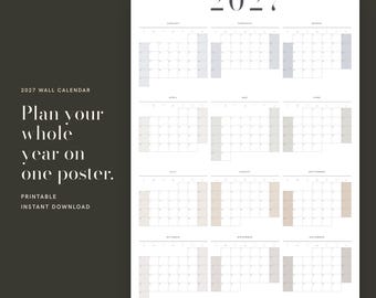 May include: A 2027 wall calendar poster featuring a twelve-month grid layout. The design includes the text 2027 at the top, with months from January to December organized in rows. The calendar displays days of the week and numerical dates.