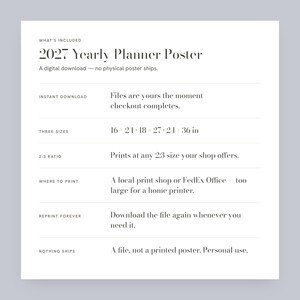 May include: A digital download 2027 Yearly Planner Poster with text detailing what is included: instant download, three sizes of 16x24, 18x27, and 24x36 inches, 2:3 ratio, printing instructions for local shops, lifetime reprints, and personal use.