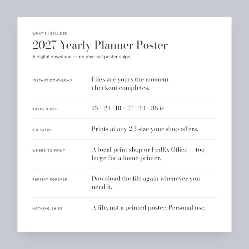 May include: A digital download 2027 Yearly Planner Poster with text detailing what is included: instant download, three sizes of 16x24, 18x27, and 24x36 inches, 2:3 ratio, printing instructions for local shops, lifetime reprints, and personal use.