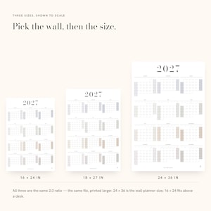 May include: Three 2027 wall calendars in 16x24, 18x27, and 24x36 inch sizes. Each calendar features a grid layout with months and dates. The text reads: Three sizes, shown to scale. Pick the wall, then the size. 2027. All three are the same 2:3 ratio.
