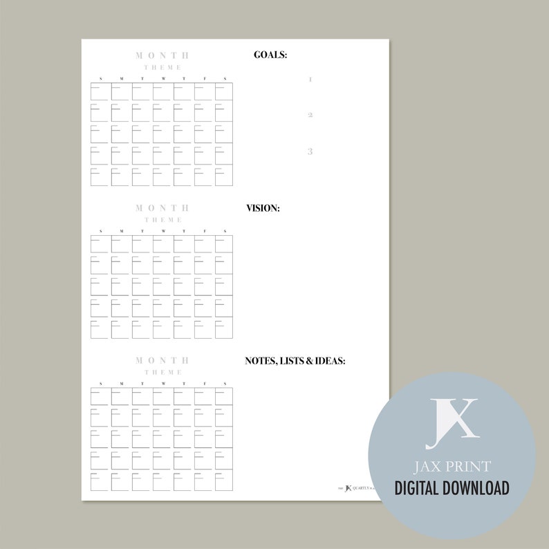 Blank Quarterly Printable Calendar Planner, Minimalist Large Wall ...