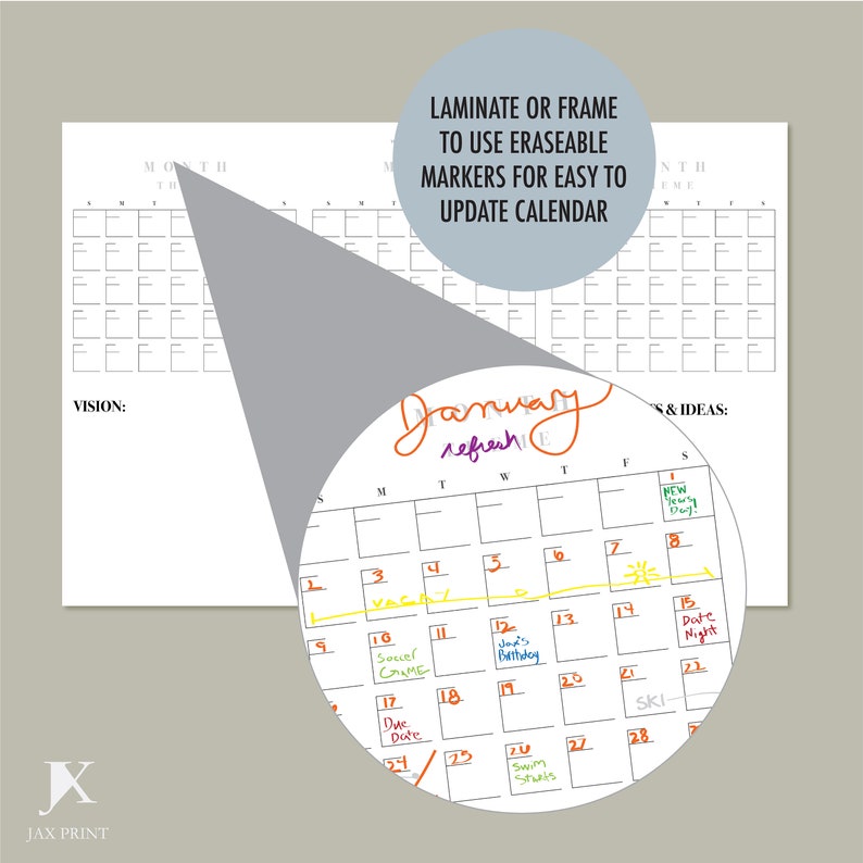 Blank Quarterly Printable Calendar Planner, Minimalist Large Wall ...