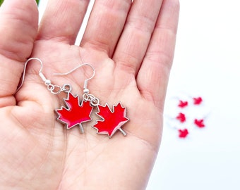 Canada Day Leaf Earrings - Metal and Red Resin Earrings - 3/4inch Canadian Leaf Earring - Resin Jewellery - I am Canadian - Happy Birthday