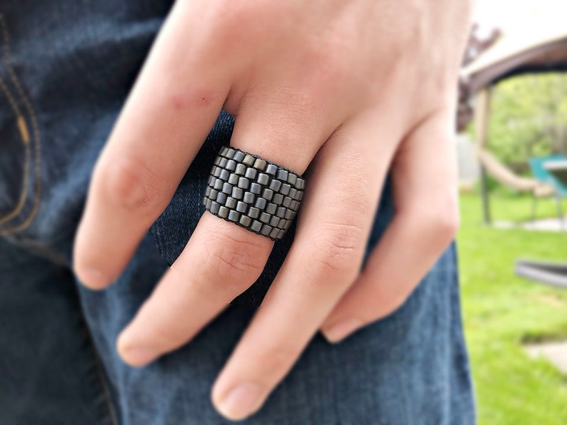 Gun Metal Grey Beaded Custom Orders Available Size 10 MAN RING Fathers Day - Totally unique and different for the man in your life