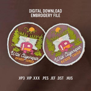 May include: Two round embroidered patches with a camping theme. Each patch features a camper, trees, and the text "Wild Algonquin Ontario Canada." The patches are brown and purple with light blue and green accents. The text "DIGITAL DOWNLOAD EMBROIDERY FILE" is at the top.