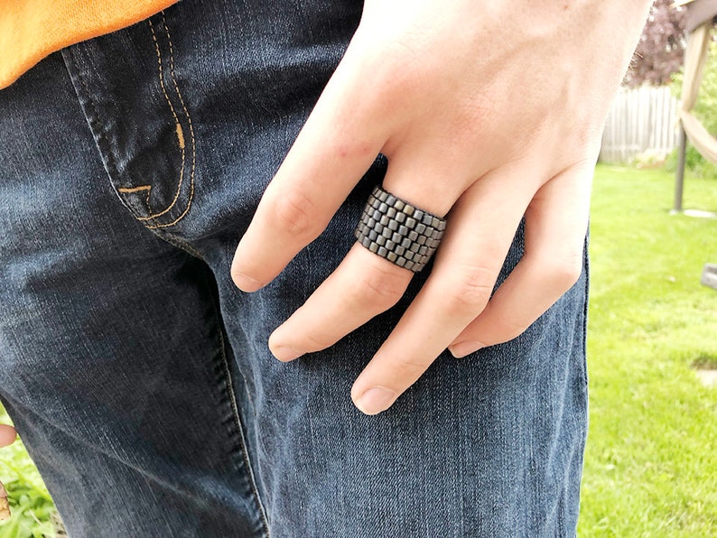 Gun Metal Grey Beaded Custom Orders Available Size 10 MAN RING Fathers Day - Totally unique and different for the man in your life