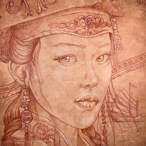 May include: A sepia-toned drawing of a woman wearing a traditional Chinese hat with intricate details. She has long, dark hair and is wearing a long, flowing robe. The drawing is set against a background of a ship at sea.