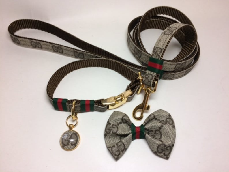 Gucci Dog Collar, Gucci Hair Bow, Gucci Leash, Upcycled, ONLY AUTHENTIC Gucci bags used, buy individually or as a set,