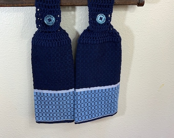 Blue towels, Double Sided Hanging Kitchen Towel, Housewarming or wedding present, Tea Towel, Crochet topped Towel, Set of 2