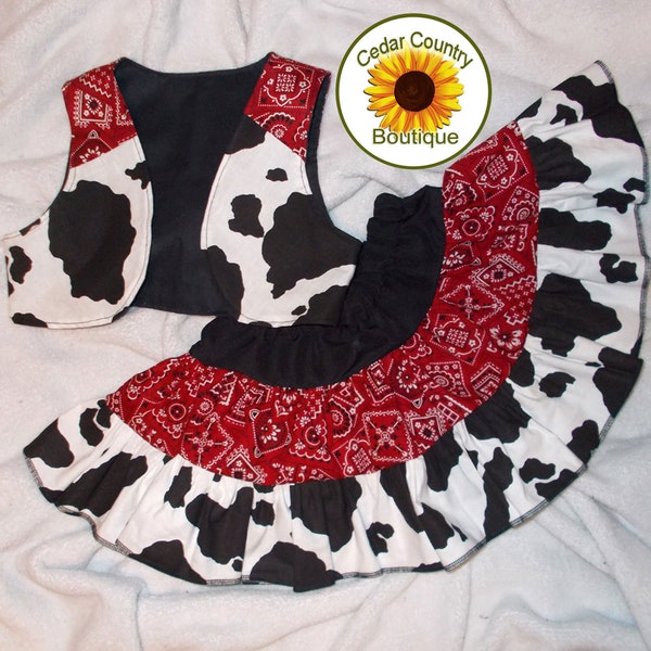 Cute Cowgirl Ruffled Twirly Square Dance Skirt and Vest in Red Bandana Print. Baby, Infant, Toddler, and Girl Sizes. Cowgirl Costume