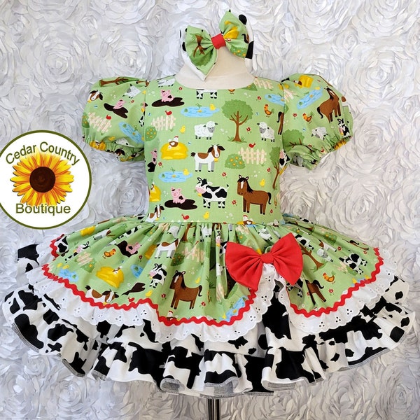 Farm Animals Print Birthday Pageant Dress with pullup skirt and matching hairbow. Farm Animal Baby Infant Toddler Girls Cow Girl Twirl Dress
