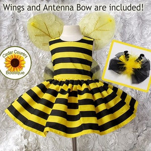 Bumble Bee Sleeveless Dress Halloween Costume Infant Baby Toddler Girl, Bumblebee Costume Dress with wings & Bow