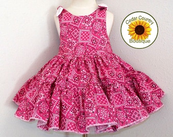 Hot Pink Bandana Tie Shoulder Twirly Square Dance Dress Cowgirl Dress for Birthday Pageant Summer Events Baby, Infant, Toddler Girls